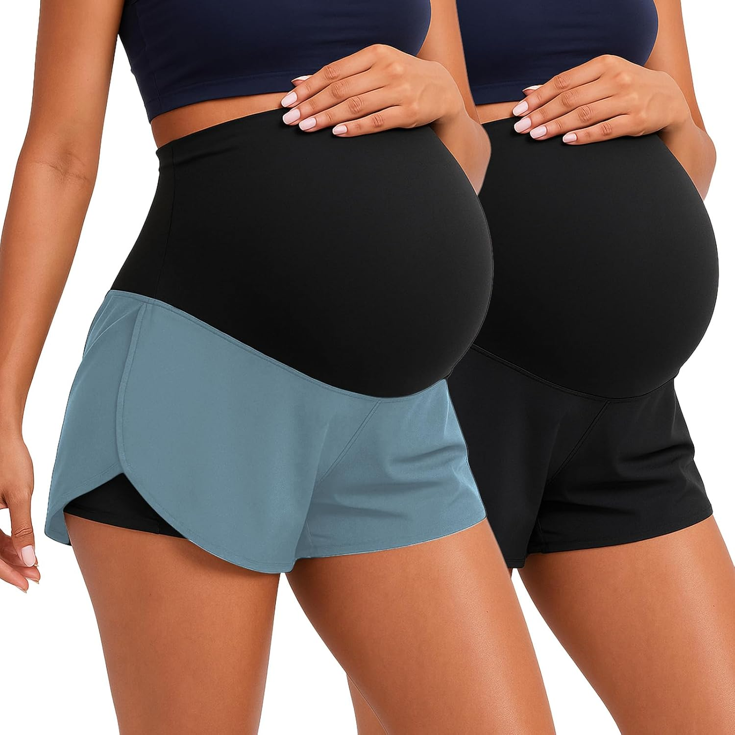 Coume 2 Pack Women'S Maternity Shorts over Belly Workout Yoga Athletic Running Quick Dry Pregnancy Summer Shorts with Pocket