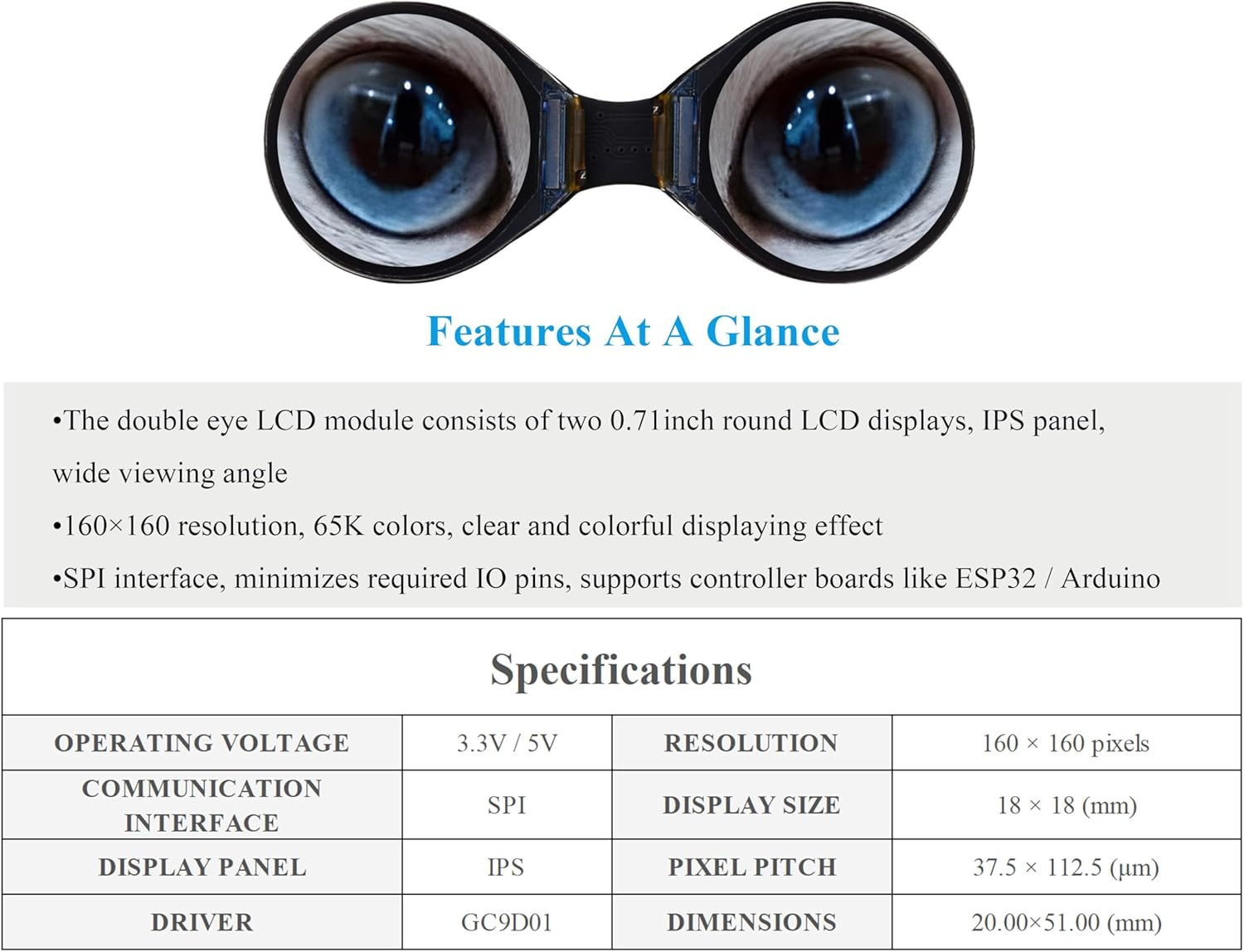 0.71Inch Double Eye round LCD Display Module Compatible with Raspberry Pi Pico/Pico W, ESP32 / Arduino, 160X160 Resolution, IPS Panel, 65K Colors, SPI Interface image number 3