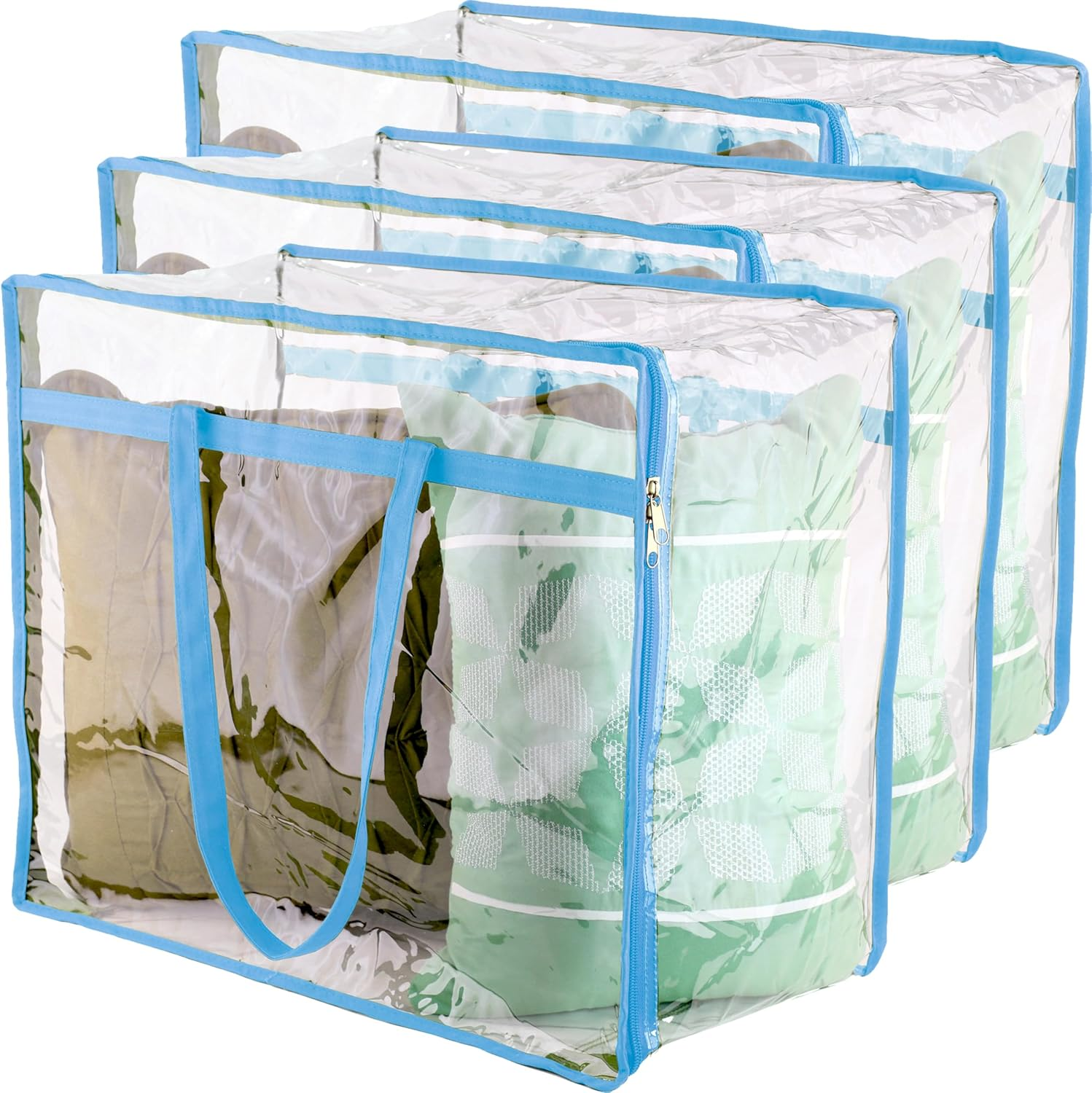 Clear Zippered Storage Bags (3-Pack) Closet Organizer Vinyl Bag for Bedding, Linen, Blankets, Duvet Covers, Comforters, Clothes & Toys | Multi Purpose & Space Saver PVC Organizers