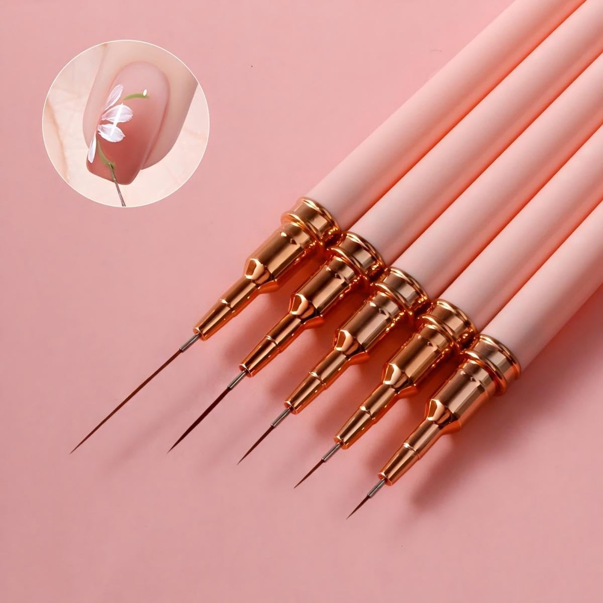 HIGHROCK 5PCS Nail Art Liner Brushes, Elongated Lines Nail Painting Drawing Pen Detailer Thin Liner,1Pc Dual-Ended Polygel Brush & Picker Brush Tool (PINK) image number 2