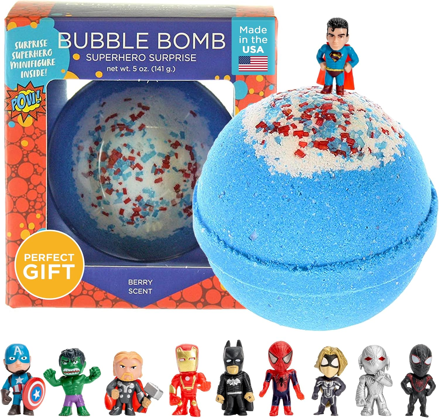 (Superhero Surprise) - Superhero BUBBLE Bath Bomb with Surprise Minifigure inside - in Gift Box - Big Blue Kids Bath Fizzy by Two Sisters Spa - for Boys and Girls - Homemade by Moms in the USA image number 2