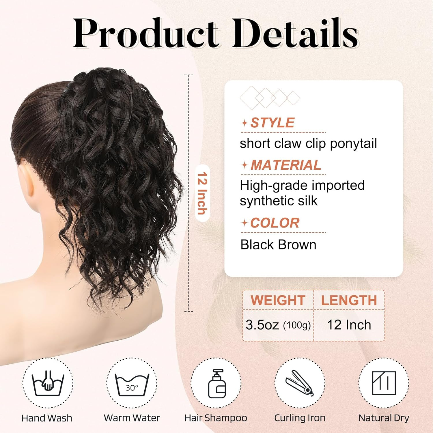 FLUFYMOOZ Ponytail Extension, 12" Short Claw Ponytail Extension Wavy Curly Jaw Clip in Pony Tails Hair Extension Natural Synthetic Hairpiece for Women (Black Brown) image number 5