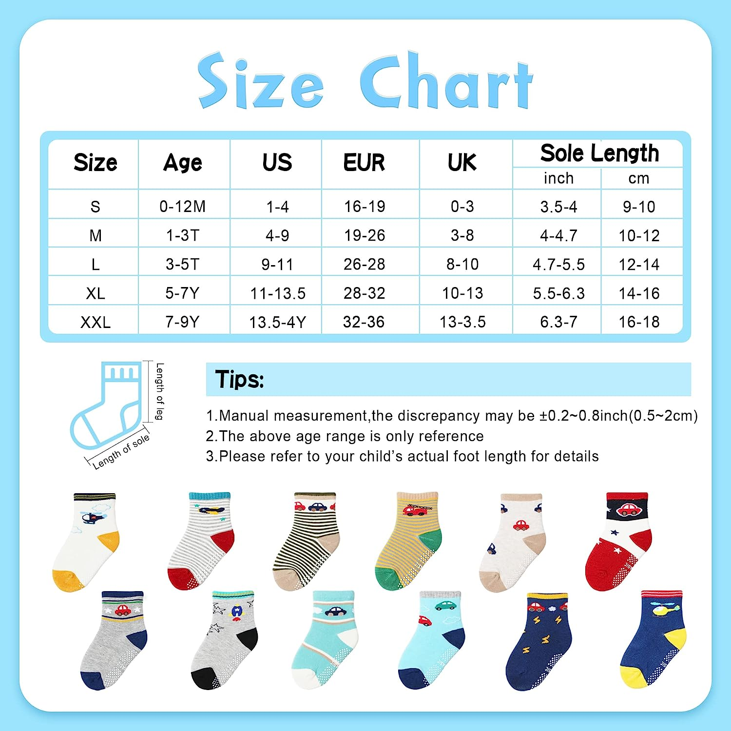 Hyzgb 12 Pack Non Slip Kids Toddler Baby Socks with Grips for 1-7 Years Boys Girls Cotton Crew Socks Multi Colors image number 6
