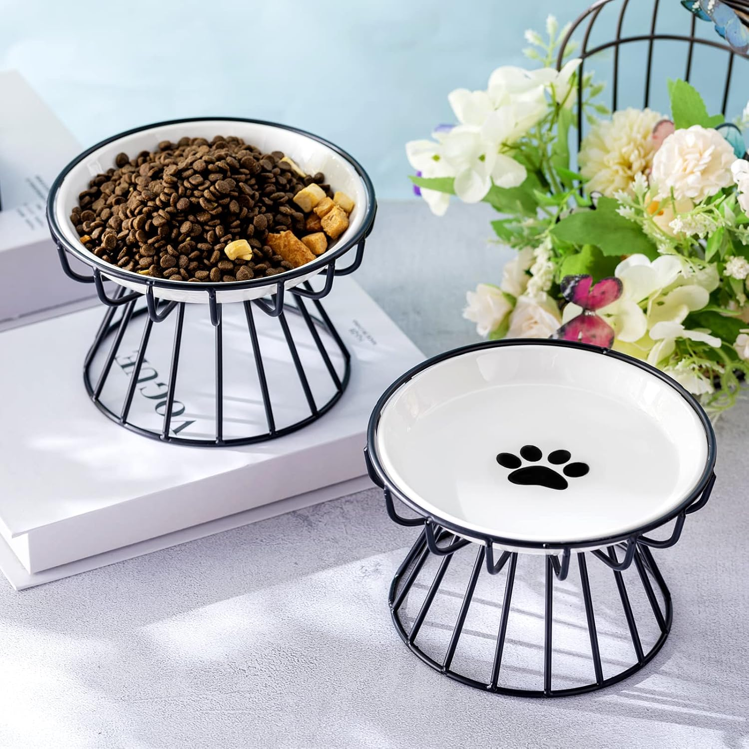 Roshtia 4 Sets Elevated Cat Bowls Ceramic Raised Cat Food Bowls with Metal Stand Dishwasher Safe Dishes Non Slip Elevated Food Plate(Black,Paw) image number 2
