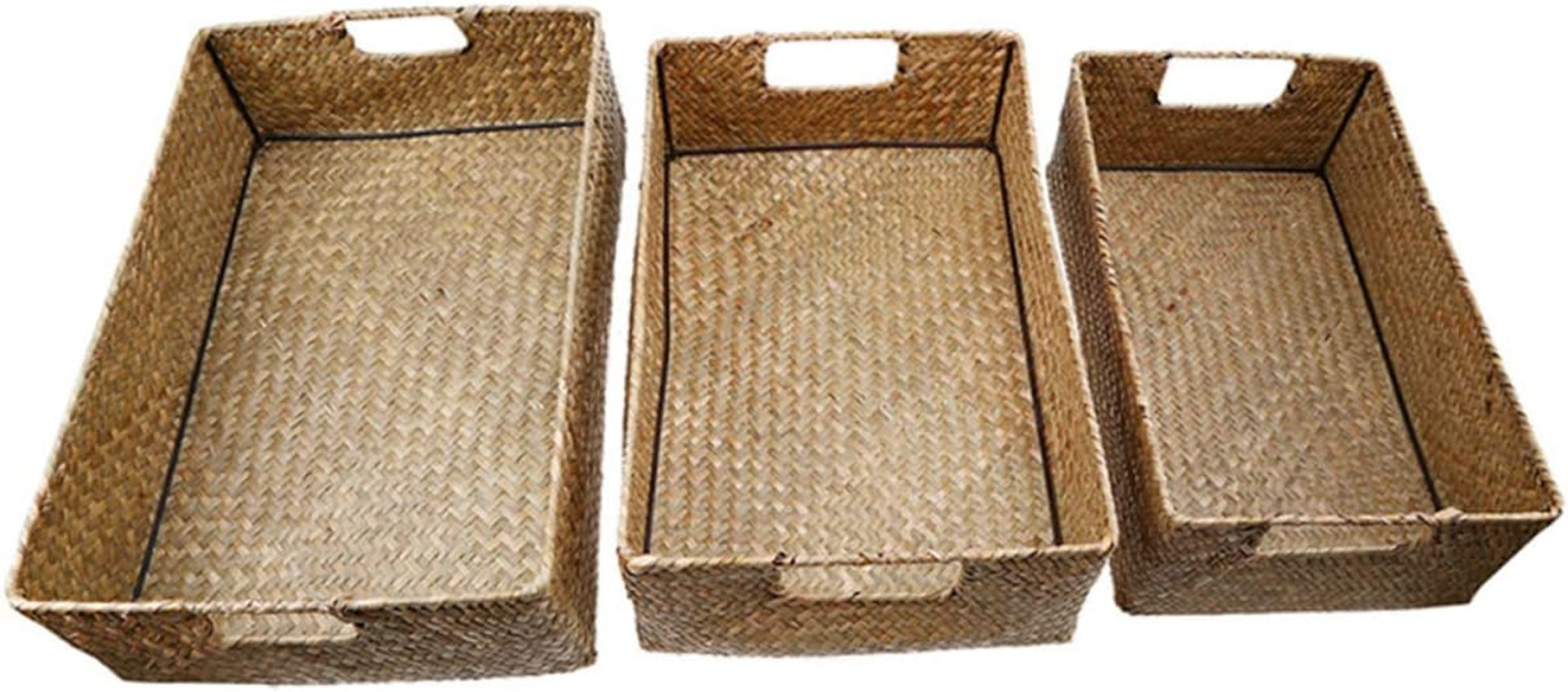 Hohopeti Hand-Woven Seaweed Storage Basket 33X23X11Cm Rectangular Sundries Organizer Yellow Vintage Style Household Storage Box for Toys and Cosmetics image number 1