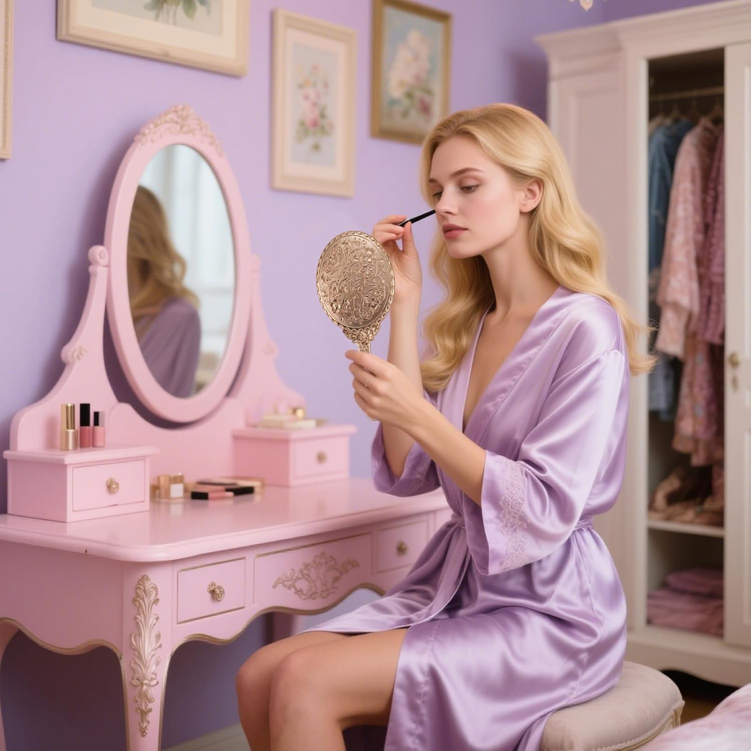 XPXKJ Handheld Mirror Handle Vanity Makeup Home Salon Travel Use (Carved Oval, Rose Gold) image number 2