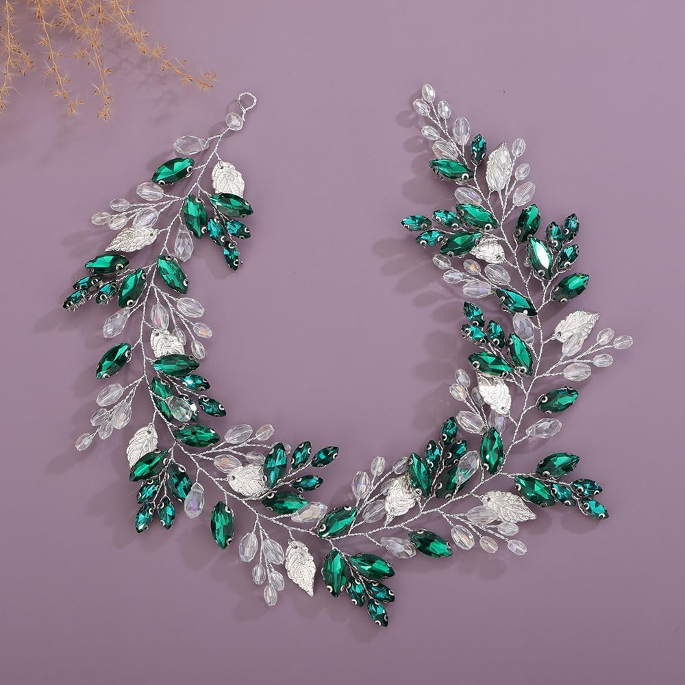Teyglen Leaf Bride Wedding Hair Vine Bridal Crystal Headband Handmade Gold Leaf Crystal Beads Hair Piece Bohe Rhinestone Headpieces Wedding Hair Accessories for Women Girls, Alloy, Rhinestone, Leaf, - Gold-Green image number 2