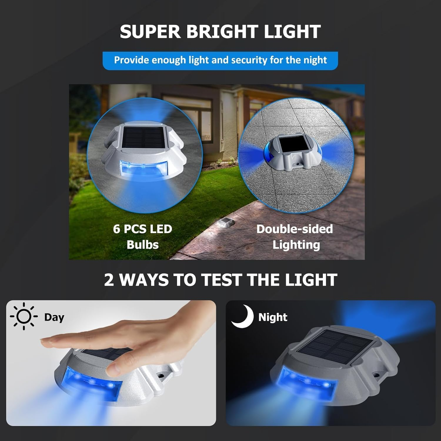 2Pack Blue Extra Bright Solar Deck Lights Waterproof with 6 LED, Wireless Driveway Safety Light for Pathway Garden Walkway image number 5