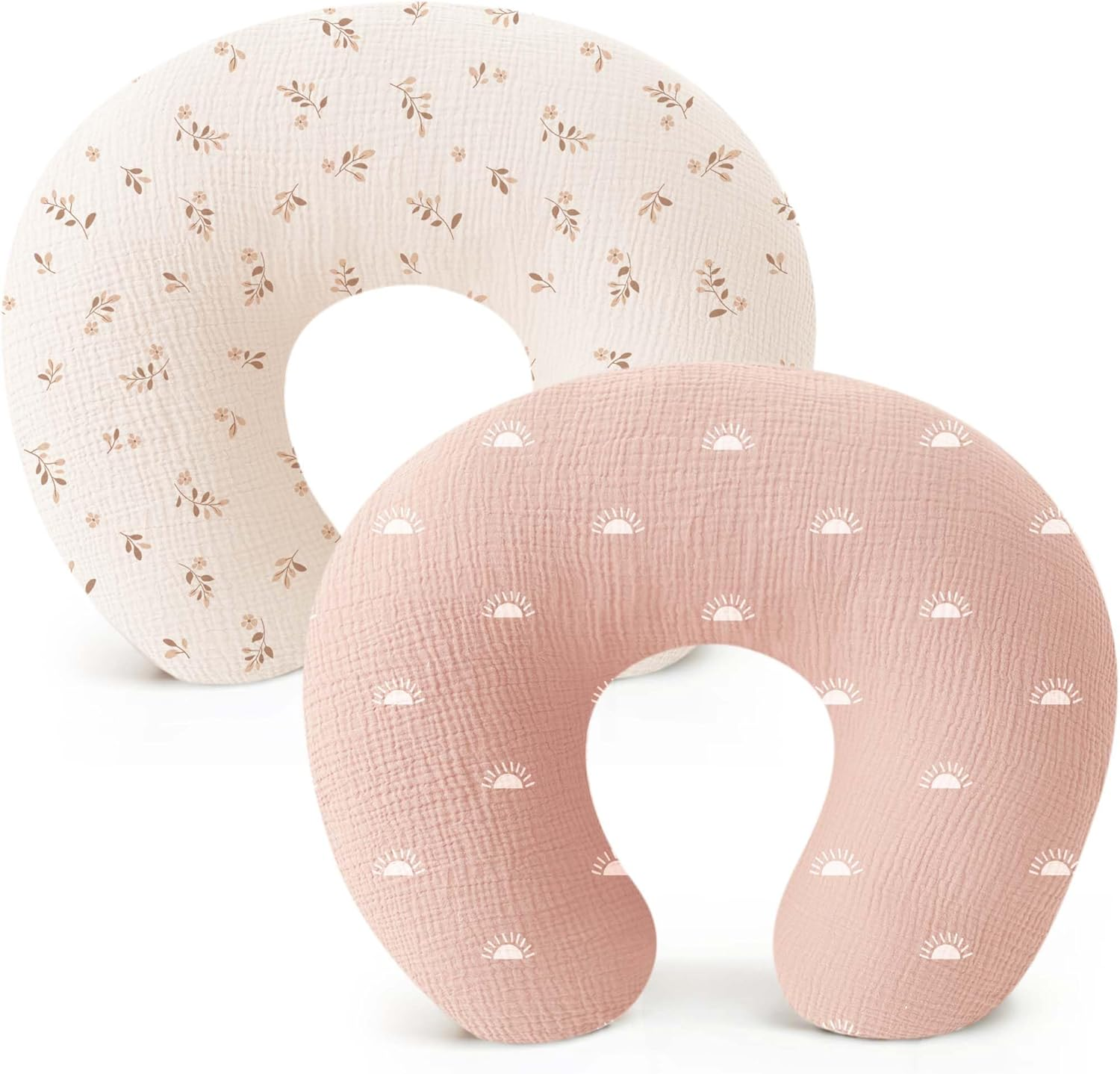 Konssy 2-Pack Muslin Nursing Pillow Covers, Soft & Adorable Nursing Covers for Breastfeeding Pillows, Slipcovers for Newborn Boys & Girls(Pink, Floral)