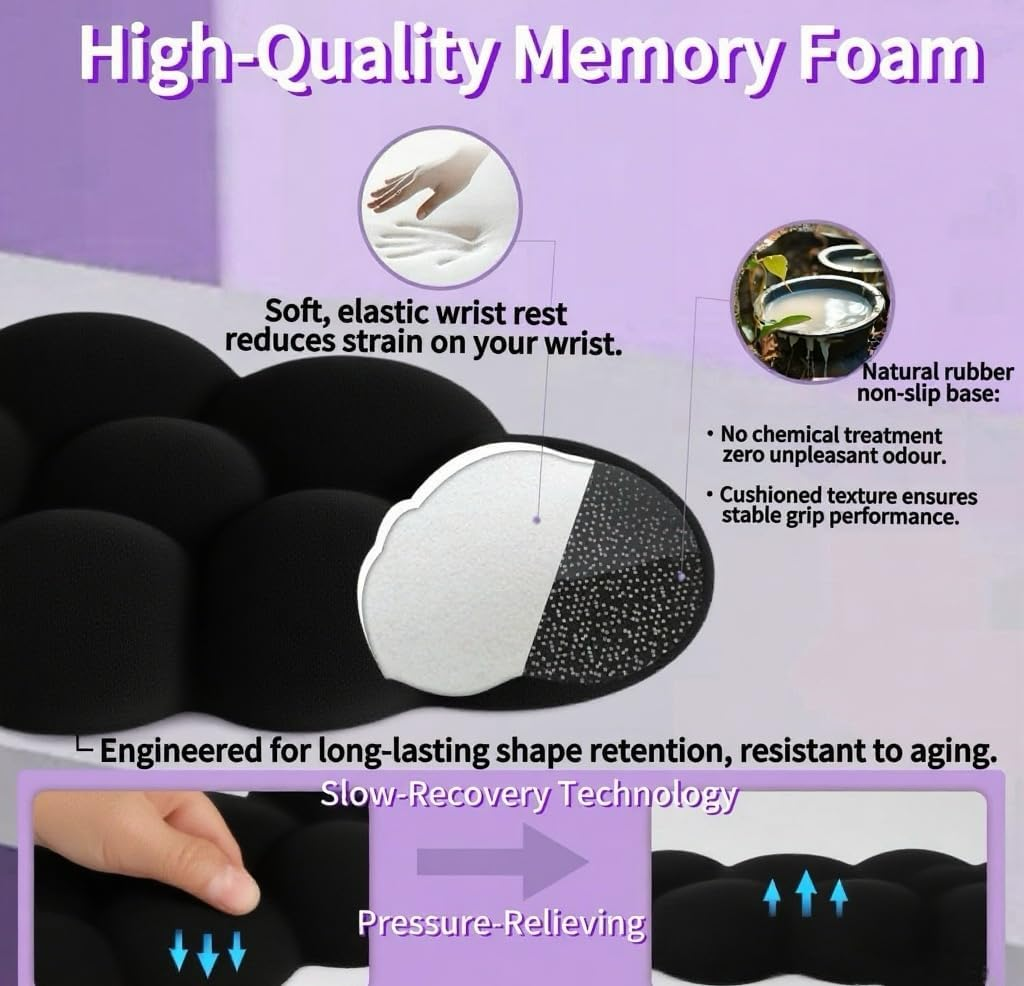 Levieny Cloud Keyboard Wrist Rest 3-Pc Set W/Mouse Pad & Cup Mat - 2025'S Evo Honeycomb Base - Ergo Non-Slip Purple Cushion for Pc/Gaming/Office（Black） - Black image number 5