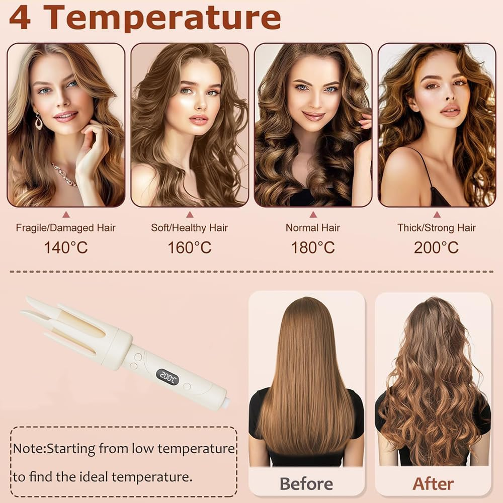 Frafuo Automatic Curling Iron-32Mm Automatic Rotating Hair Curler with LCD Display-4 Temperature Adjustable Temperature Ceramic Crimper Auto Hair Curling Wand for Medium/Long, Beige image number 5