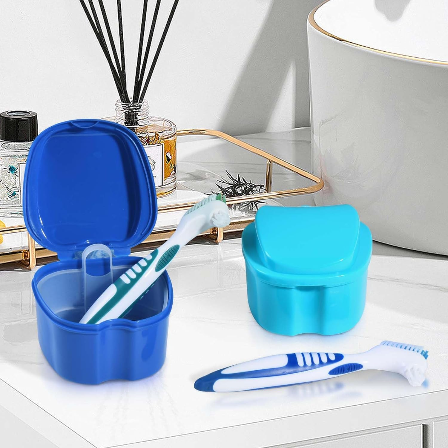 KISEER 2 Pack Denture Bath Case Cup Box Holder Storage Container with Denture Cleaner Brush Strainer Basket for Travel Cleaning (Light Blue and Blue) - Blue image number 4