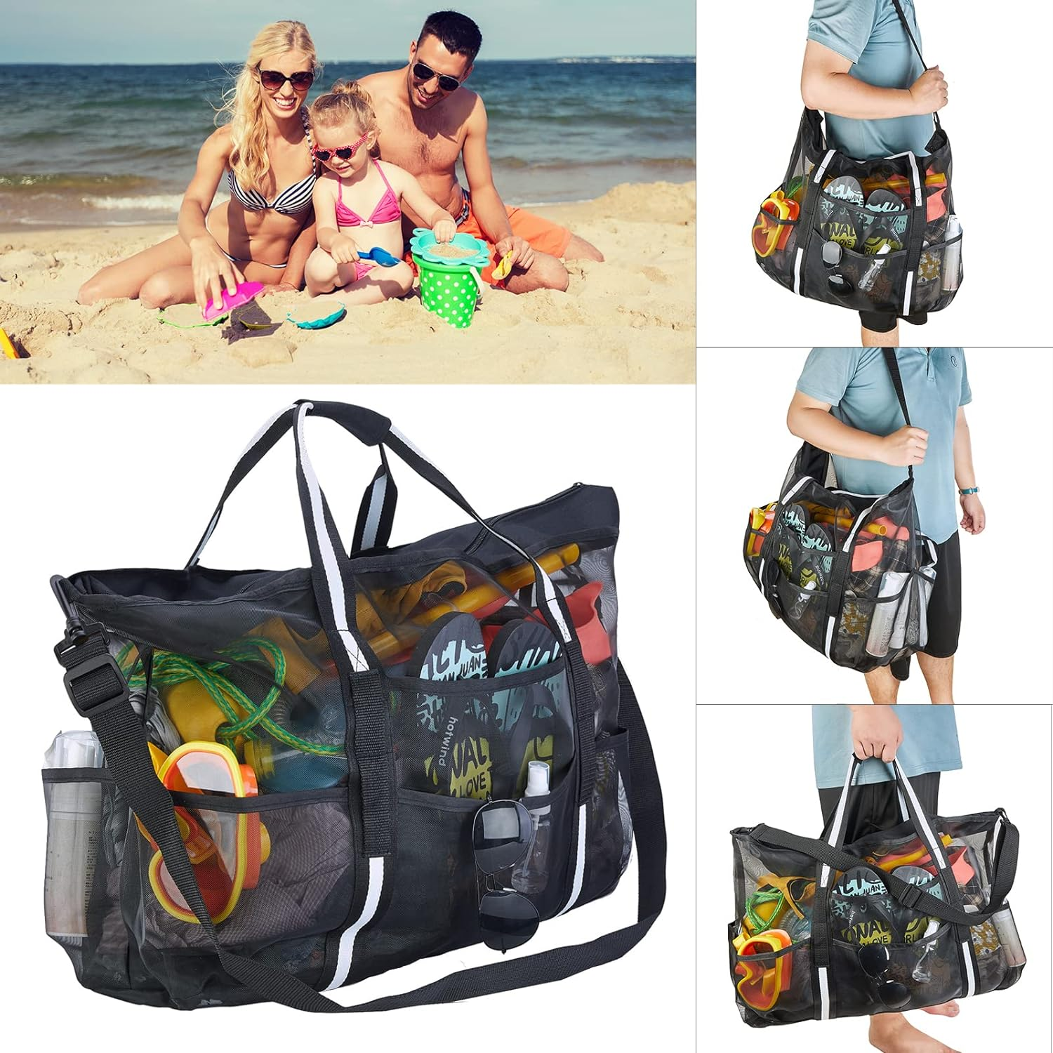 MOPHOEXII Extra Large Mesh Beach Bags Pool Bags，Vacation Beach Toy Bag Swimming Bag Packable Beach Bag Mesh Tote Bag for Women and Men, Black, Black, Large image number 6