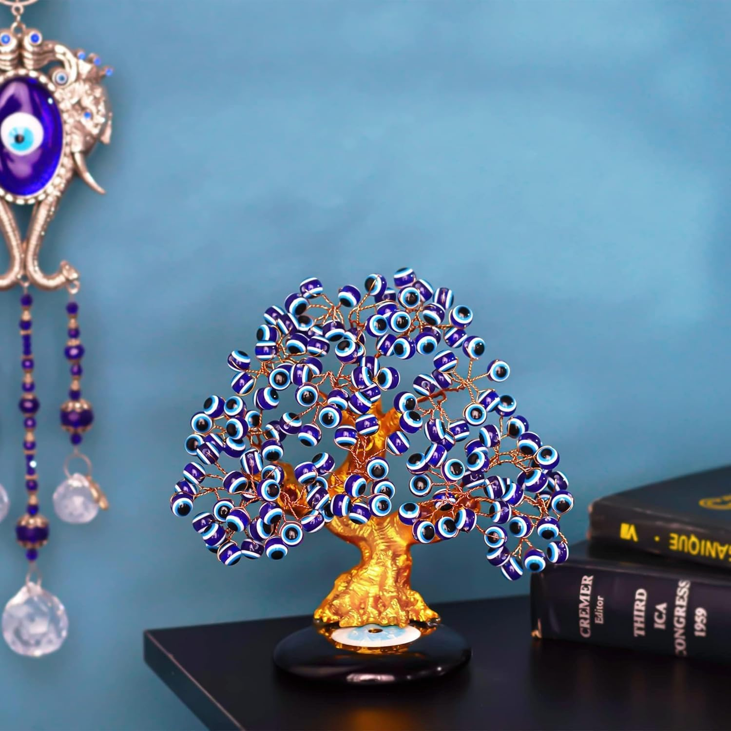 YU FENG 6.8Inch Turkish Nazar Blue Evil Eye Tree, Evil Eye Coaster Tree for Protection Good Luck Prosperity Gift Showpiece for Home Table Office Decor image number 4