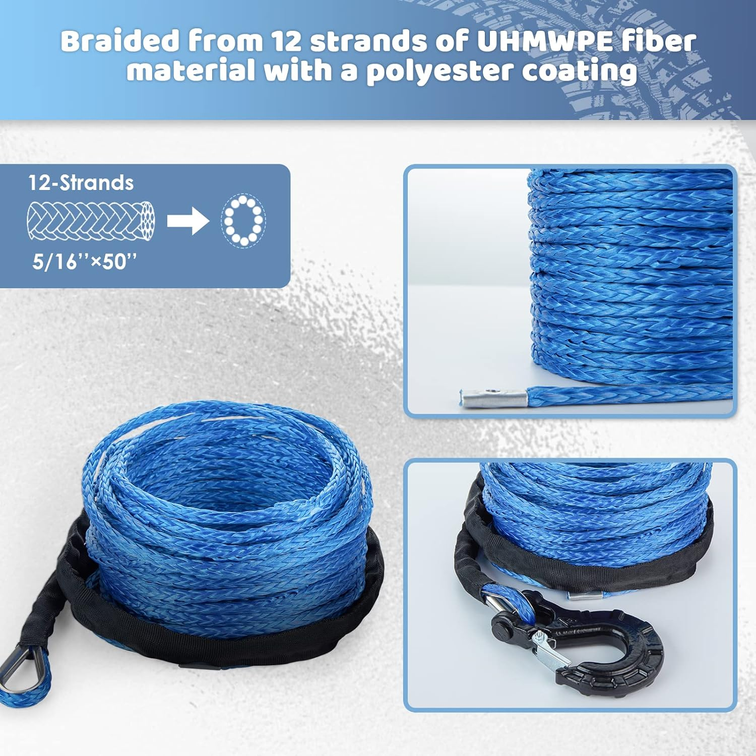 Carforu Synthetic Winch Rope 5/16'' X 50Ft,13000Lbs Synthetic Winch Line Cable Rope with Protective Sleeve + Forged Winch Hook for off Road Vehicle ATV UTV SUV Truck Boat Winch Accessory image number 4