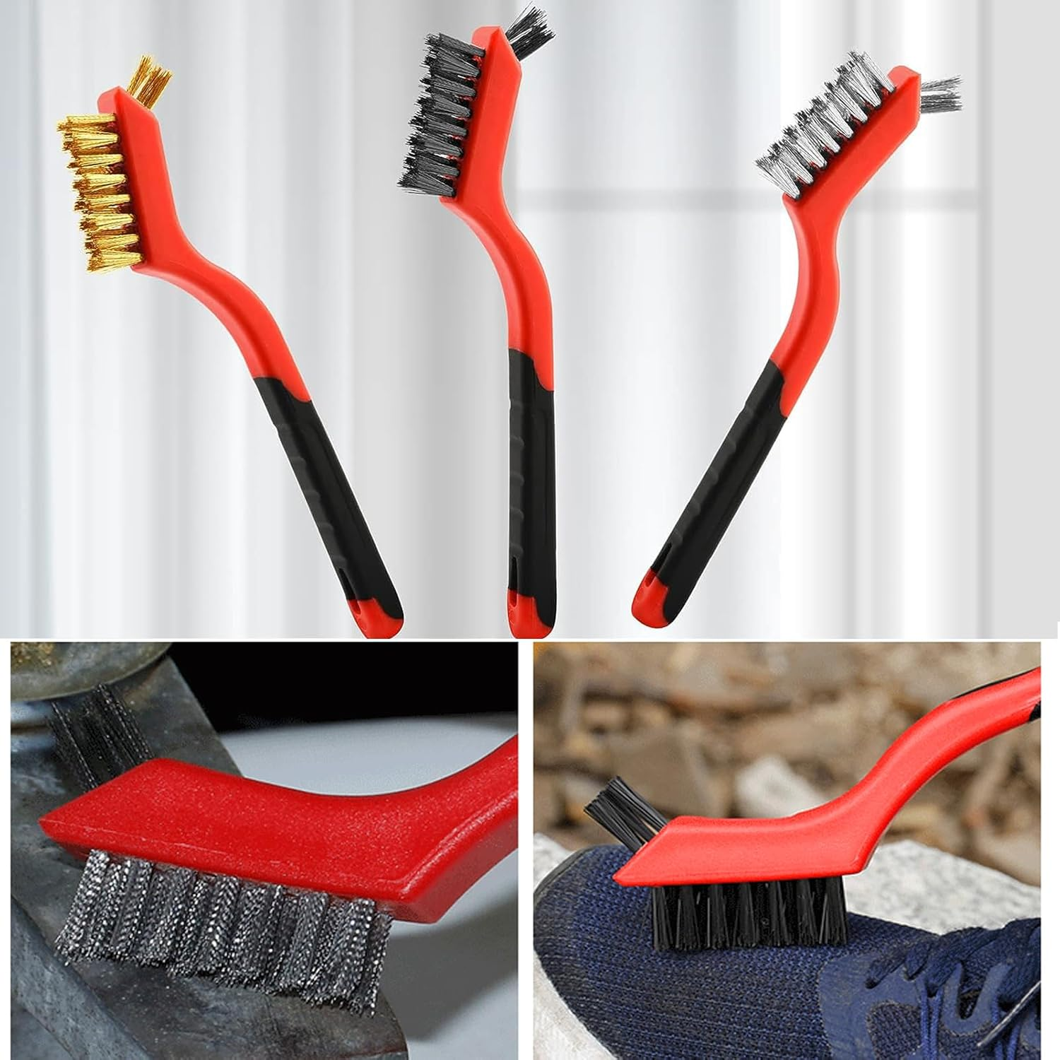 Wire Brush 3Pcs Metal Scrubber - Nylon/Brass/Stainless Steel Bristles with Curved Handle Grip for Cleaning Rust Removal, Dirt, Paint Scrubbing with Deep Cleaning &ndash; 7 Inches image number 6
