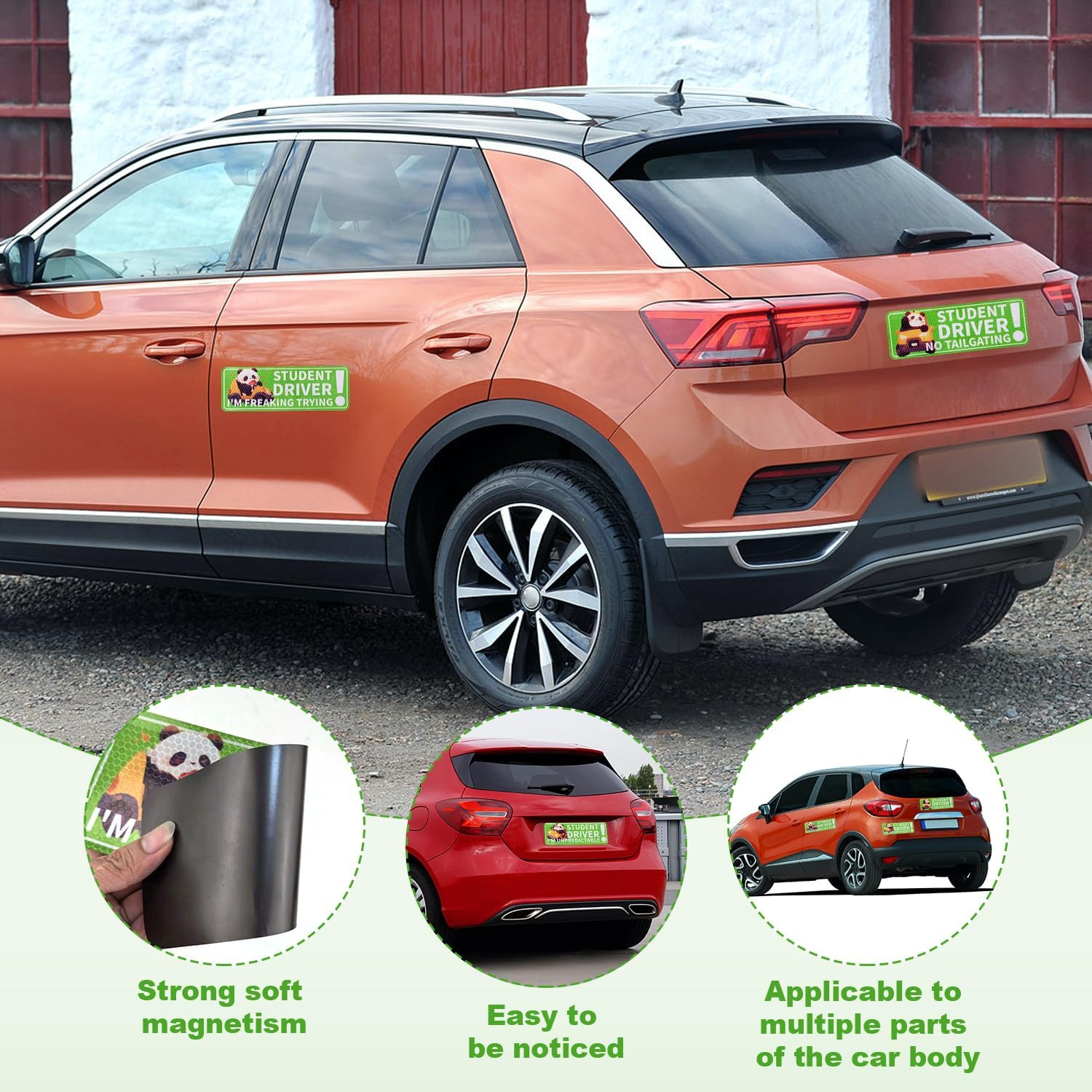 3Pcs Reflective Magnetic Car Stickers, 10.04X3.5In Premium Magnet Cute Panda Pattern Car Magnetic Stickers Safety Signs Suitable for Student Car Novice Drivers(Green) image number 1