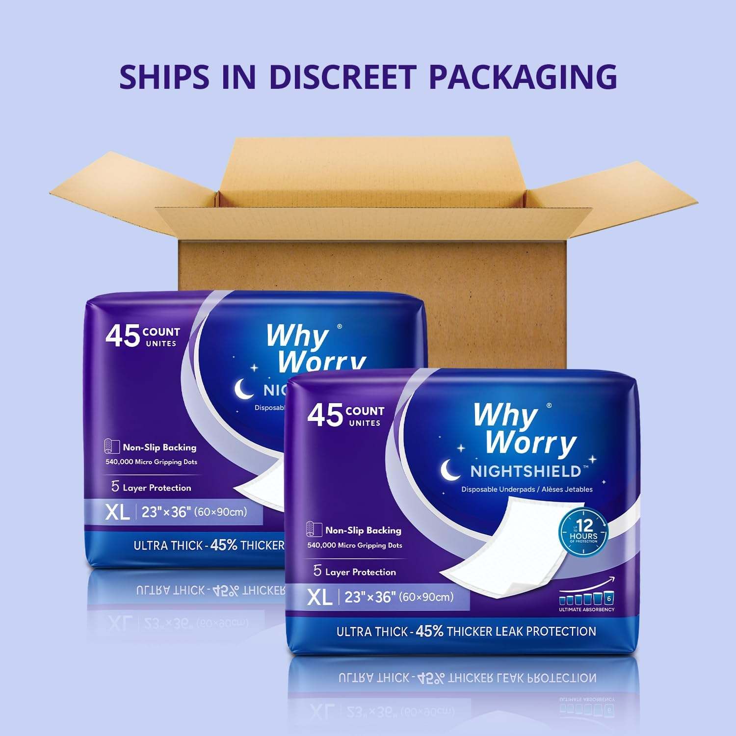 Whyworry Nightshield Incontinence Bed Pads for Adults with Non Slip Grip, 60 X 90 Cm Leakproof Pee Pads with Odor Control, Disposable Underpads for Seniors, Slip Resistant, 45 Count image number 1