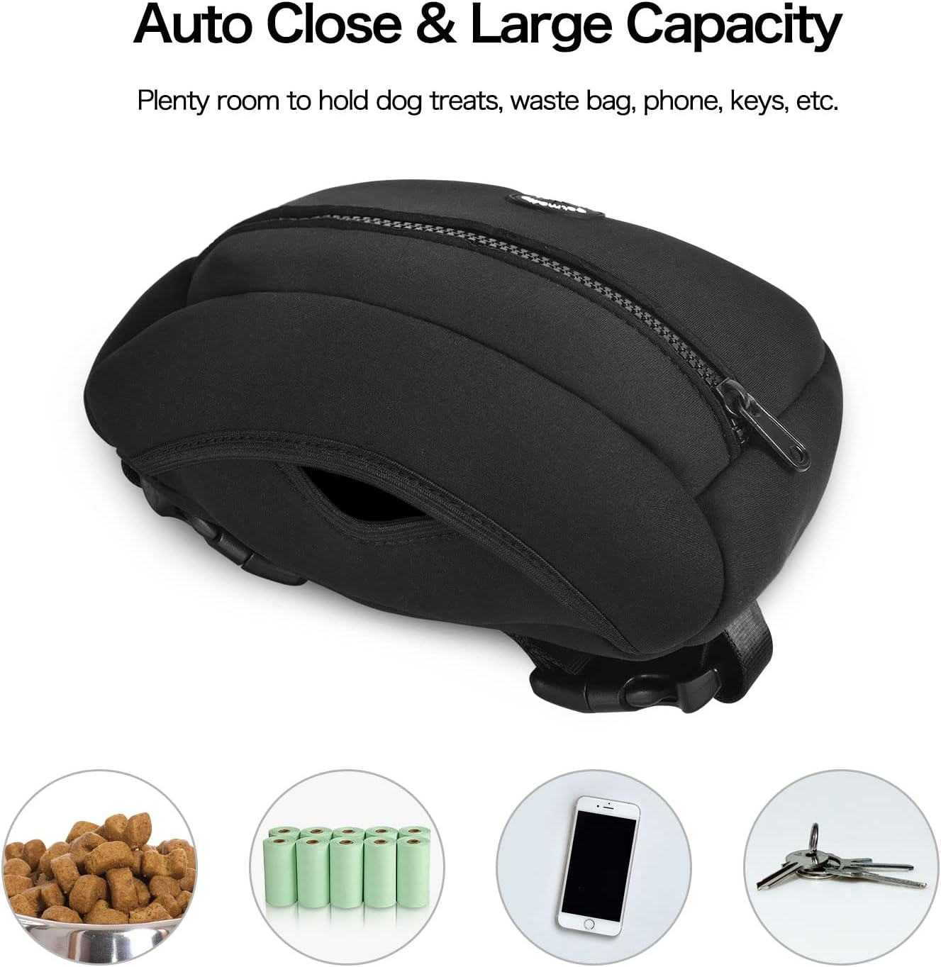 Petmolico Neoprene Dog Treat Pouch, Auto Closed Dog Training Pouch Fanny Pack Wasit Bag with Dog Poop Bag Dispenser for Hands-Free Dog Walking, Black image number 1