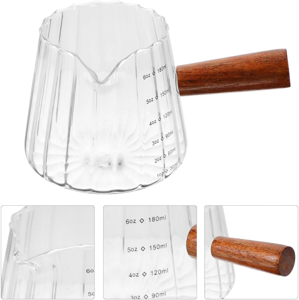 KALLORY 2Pcs Glass Milk Pitcher with Wooden Handle Heat-Resistant Espresso Creamer Cups Multi-Use Glass Coffee Milk Pitchers for Coffee Enthusiasts image number 4