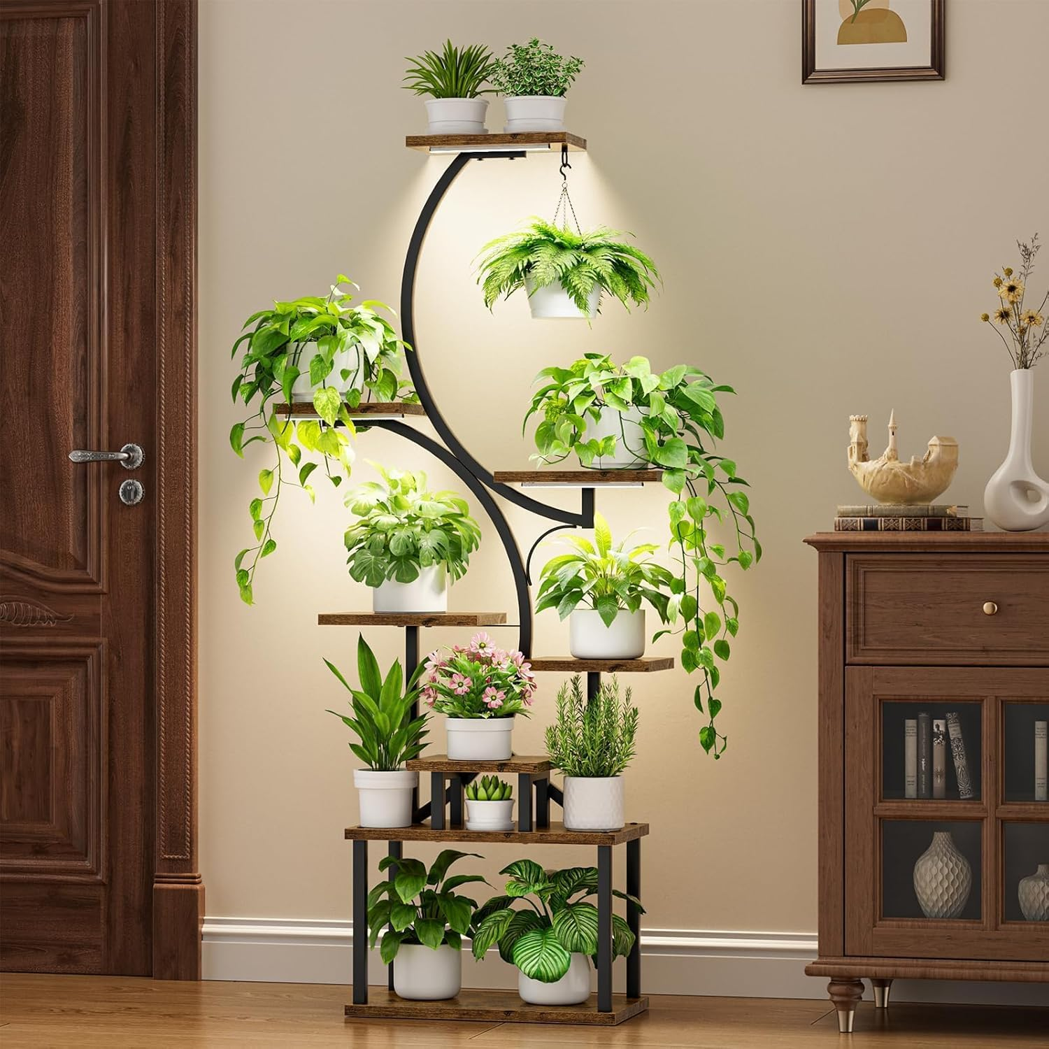 Plant Stand Indoor with Grow Lights, 8 Tiered Indoor Plant Shelf, 62" Corner Plant Stands for Indoor Plants, Metal Plant Flower Display Shelves, S-Shaped Plant Rack for Home, Patio, Black image number 1