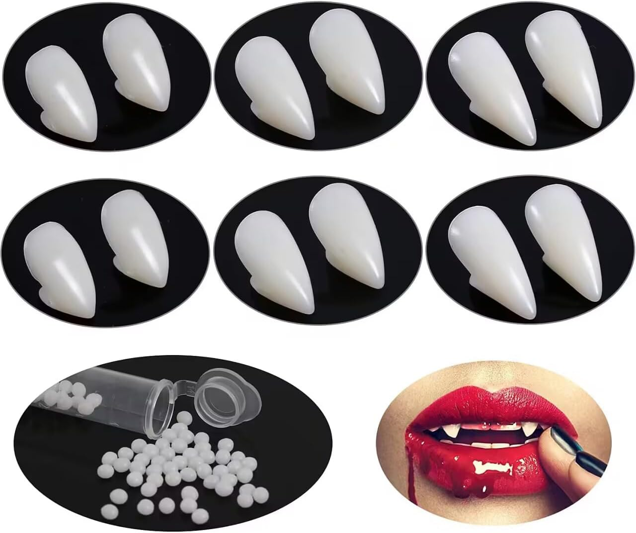 Hlenyoy 6 Pair Vampire Teeth Fangs with Adhesive for Cosplay Prop Decoration Halloween Party Favors Dress up Accessories