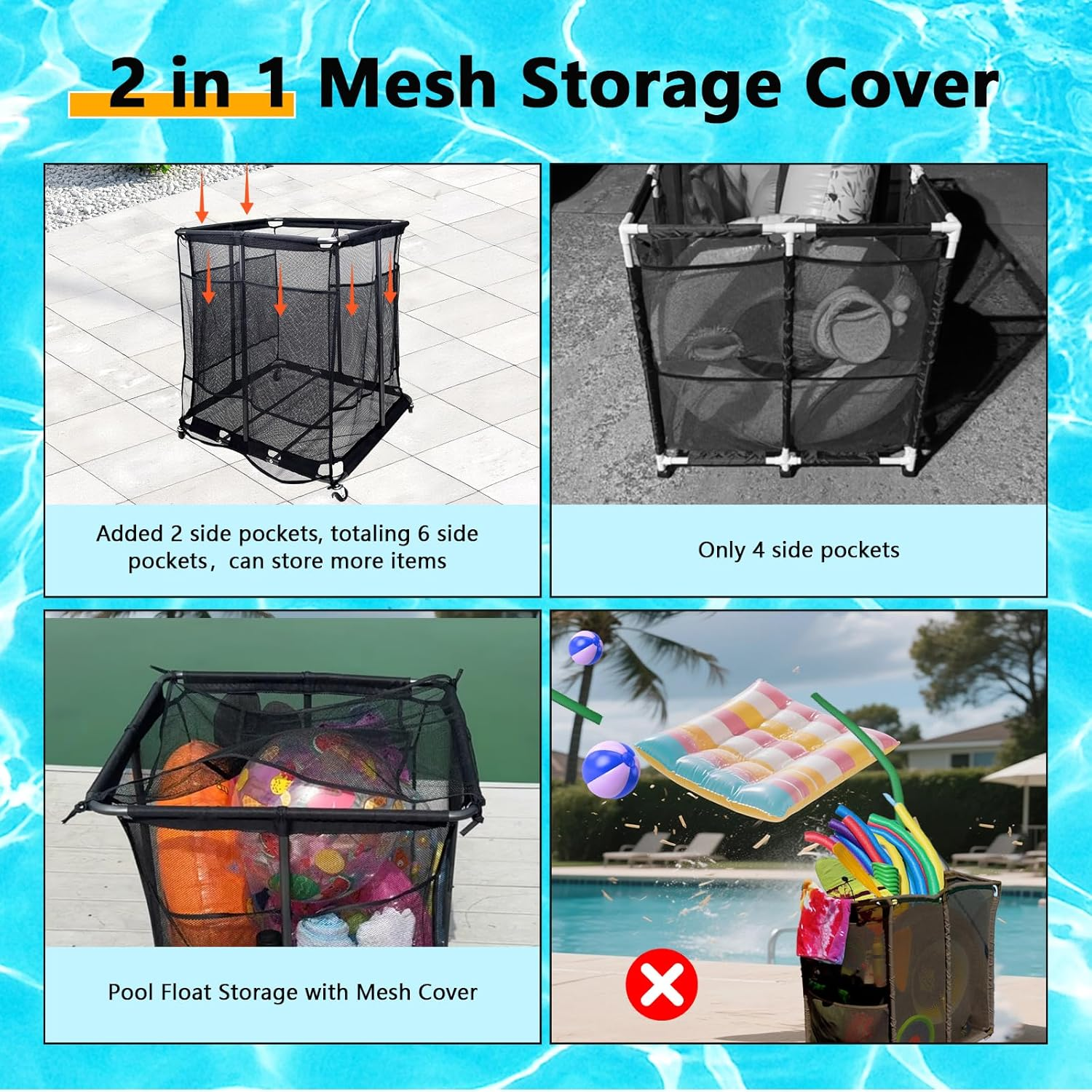 Pool Float Storage Organizer with 2 in 1 Mesh Storage Cover, XXL Nylon Mesh Pool Storage Bin Pool Float Toy Holder with Metal Frame and 360&deg; Wheel for Pool Noodles Toys Floats Balls Equipment (L) image number 2