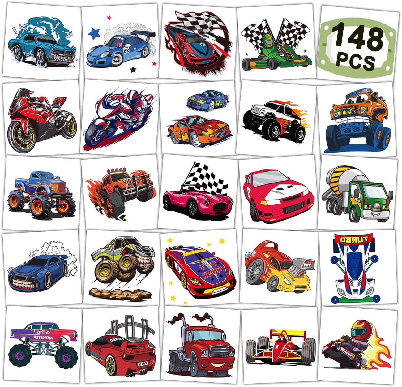 CHARLENT 148 PCS Kids Temporary Tattoos with Racing Car and Monster Truck - Individual Tattoos for Kids with Racing Car, Birthday Party Favors and Gift Bags image number 4