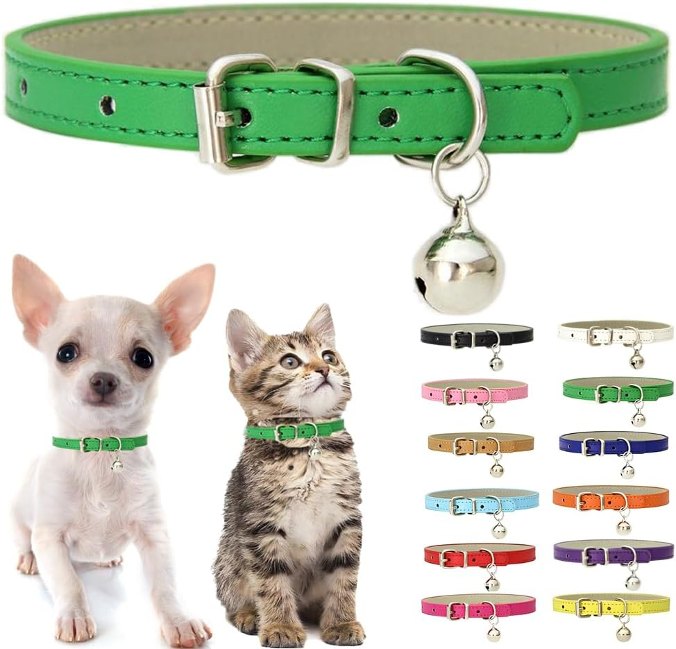 XXS Dog Collar with Bell, Soft Pu Leather Cat Collars Adjustable Buckle for XS Extra Small Medium Tiny Female Male Boys Girls Pets Puppy Kitten Teacup Yorkie Green Xx-Small image number 4