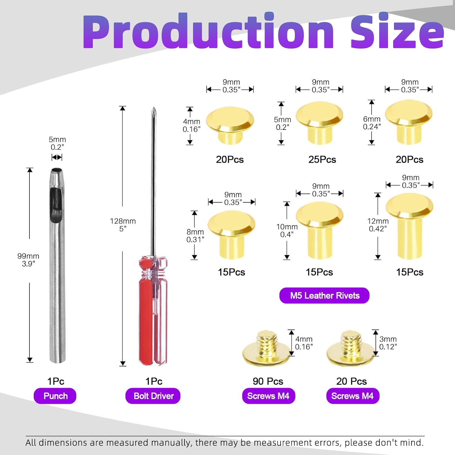 Swpeet 110 Set 6 Sizes M5 X 4Mm/5Mm/6Mm/8Mm/10Mm/12Mm Gold Leather Rivets Chicago Binding Screws with Install Tools Assortment Kit, Screw Rivets M5 Chicago Binding Screws for Repair Leather - Black image number 7