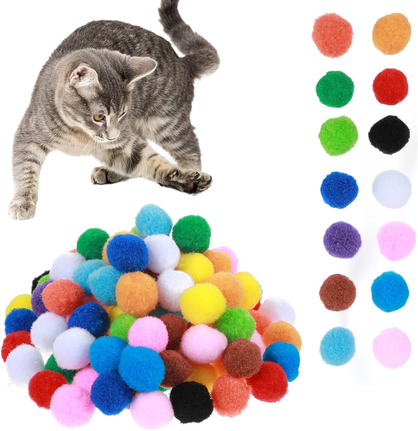 Bremorou Pack of 100 Cat Balls, 2.5 Cm, Colourful Plush Balls, Interactive Cat Toy, Felt Balls for Cats, Soft Pom Poms, Indoor Play Ball image number 1