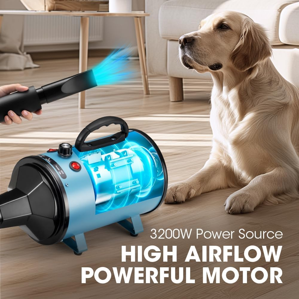 Petzly Dog Dryer for Pet Grooming, 3200W High Velocity Force Blow Pet Dryer, Adjustable Speed & Temperature Control Dog Blow Dryer, Quiet Dog Hair Dryer with 3 Nozzle image number 4