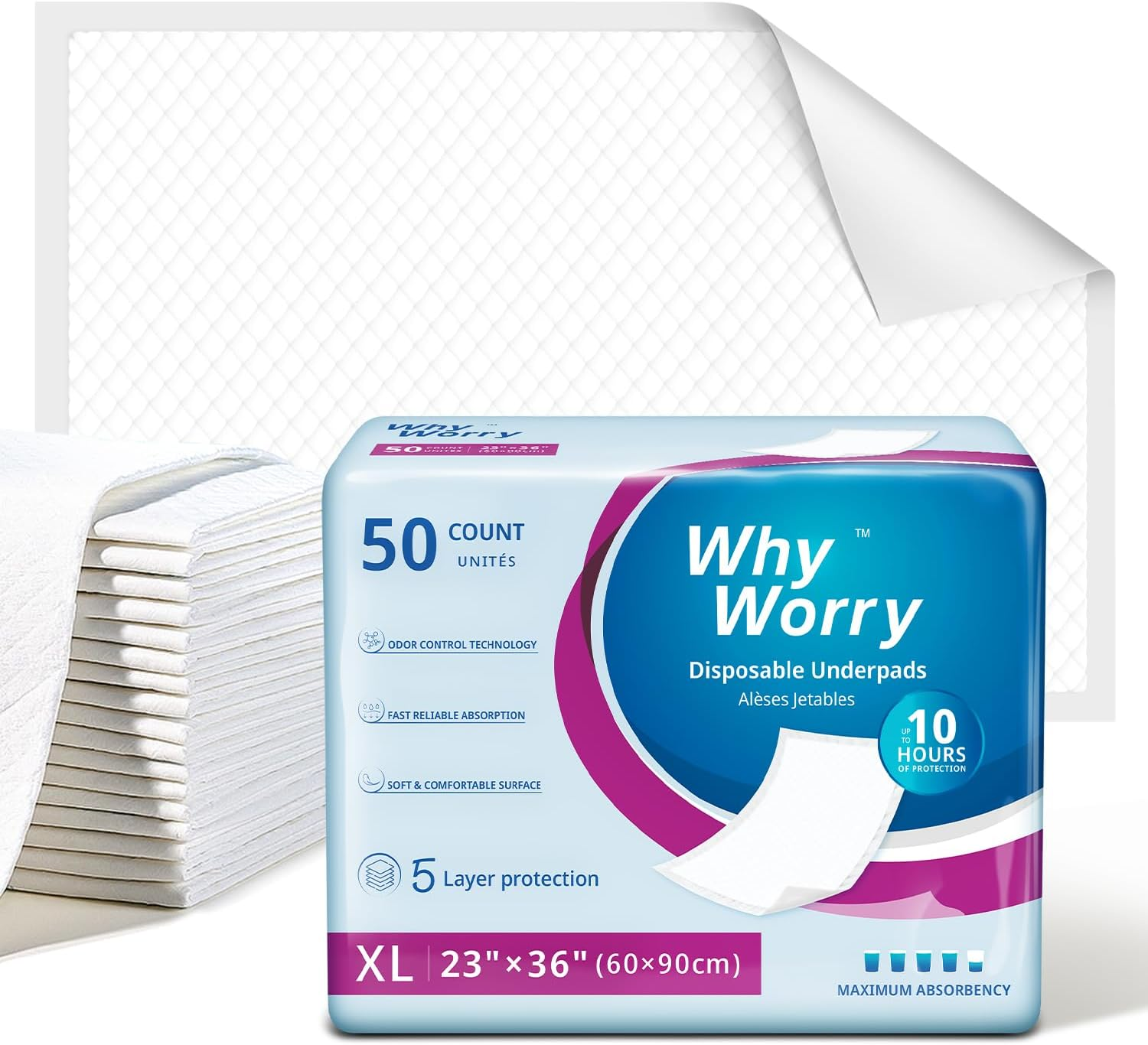 Whyworry Disposable Incontinence Bed Pads 60 X 90 Cm for Adults, Absorbent Underpads for Babies and Seniors, Leakproof Diaper Changing Pads, Pee Pads for Dogs and Puppy, 50 Count image number 5