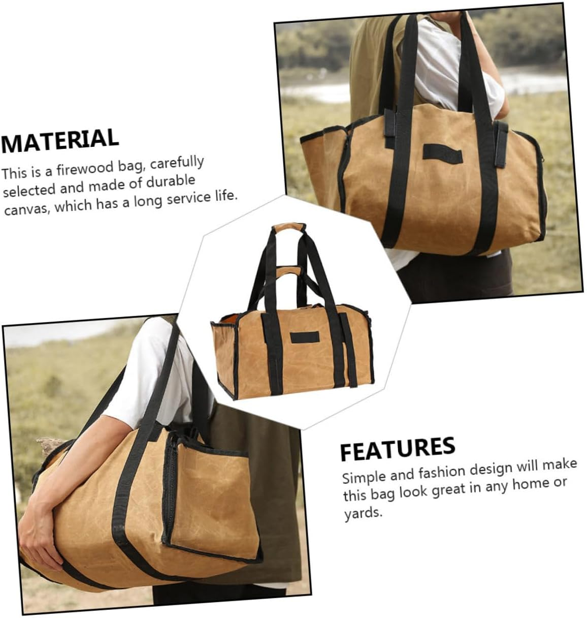 Large Canvas Firewood Storage Bag with Handle Strap Log Carrier Tote for Camping Fireplace Garden Tools and Picnic Organizer Khaki Outdoor Wood Tote