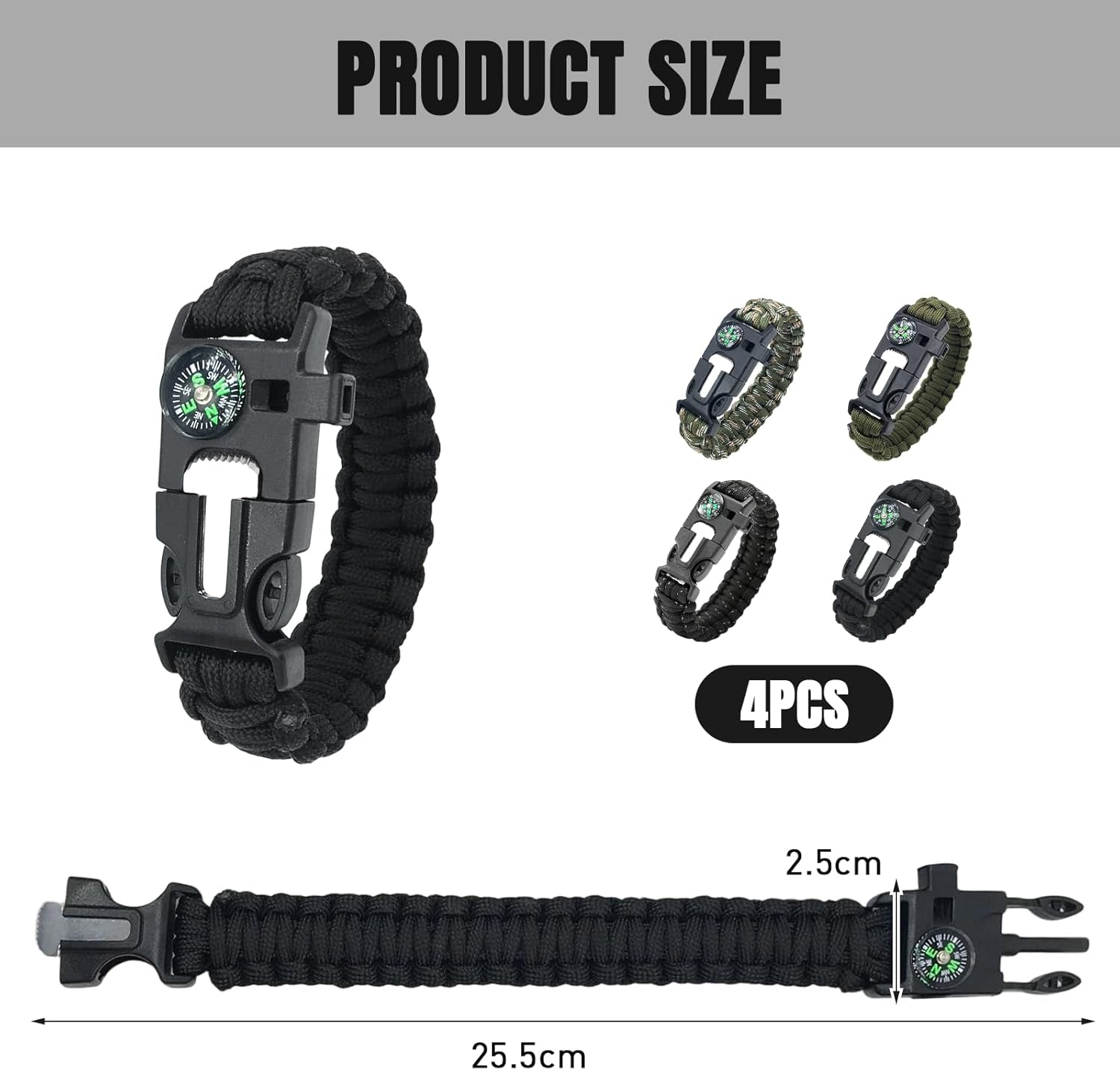Generisch Survival Bracelet, Multifunctional Survival Bracelet, Buckle, Compass, Lifeguard Whistle, Wild Camping Equipment Kit, Wildness Emergency Survival Kit for Camping, Outdoor Travel, Hiking