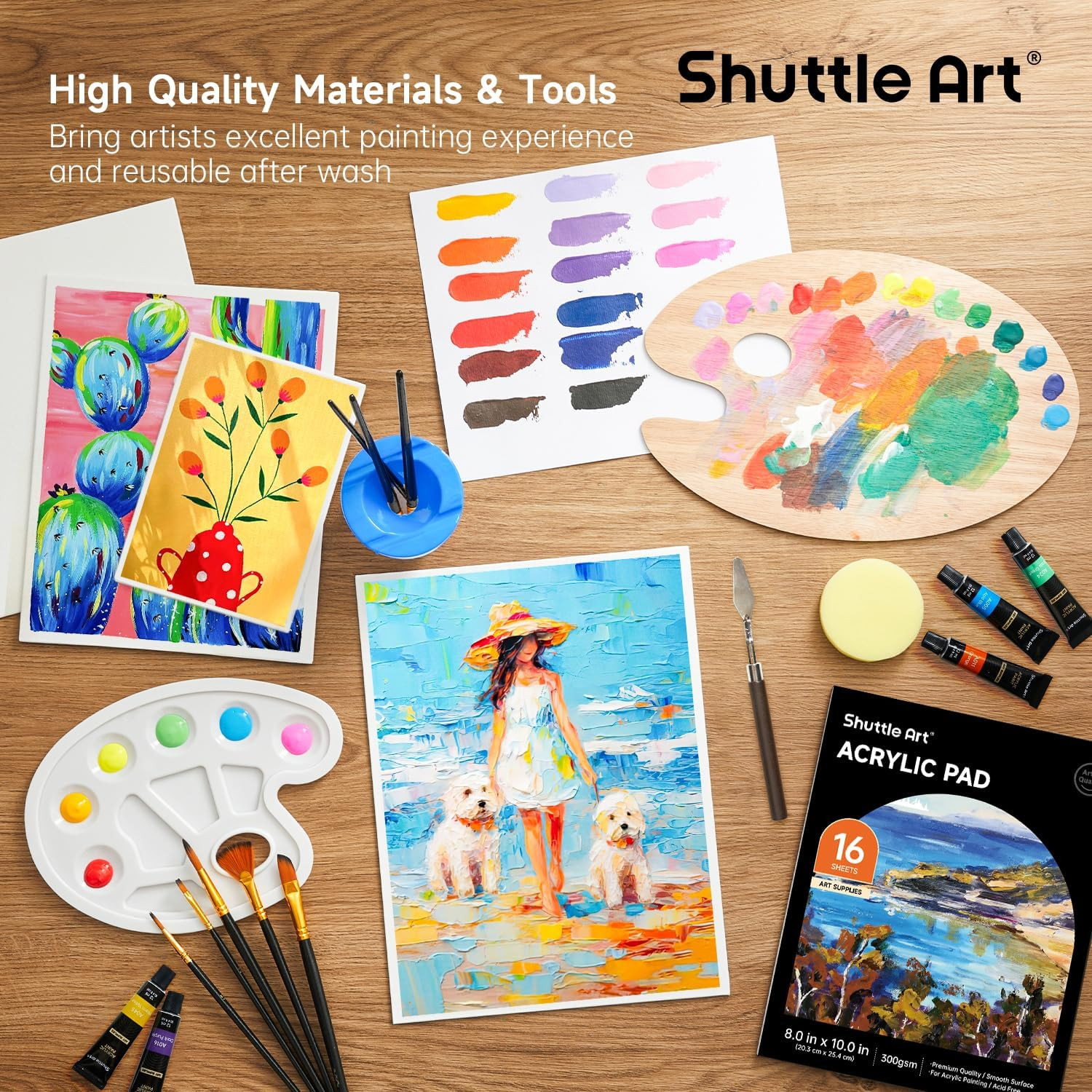 Shuttle Art Acrylic Paint Set, 59 Pack Professional Painting Supplies with Wood Tabletop Easel, 30 Colours Acrylic Paint, Canvas, Brushes, Palette, Complete Paint Sets for Adults, Kids, Artists