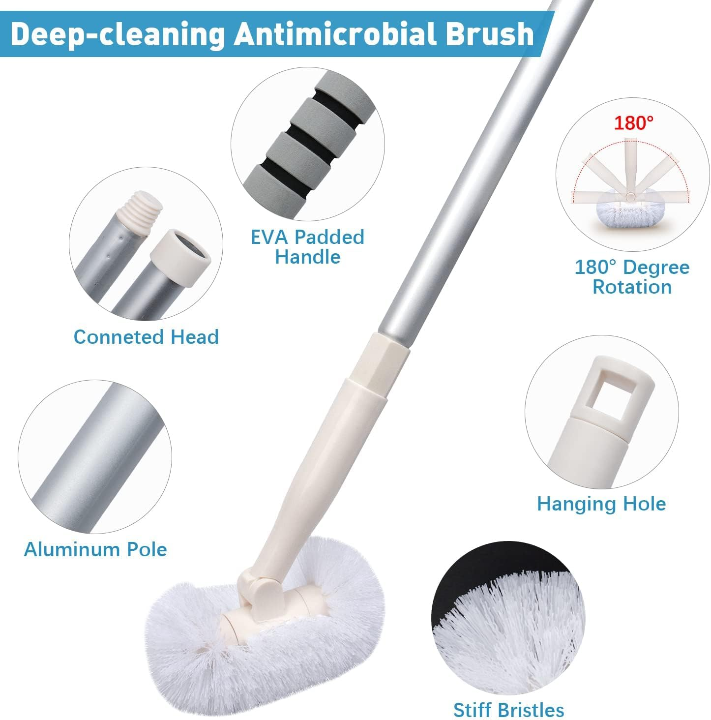 Cleaning Brush for Bathroom 145Cm Extendable Long Handle Tile and Tub Brush 180&deg; Rotation Scrubbing Cleaner Brush for Bathroom Bathtub Floor Tile Cleaning image number 3