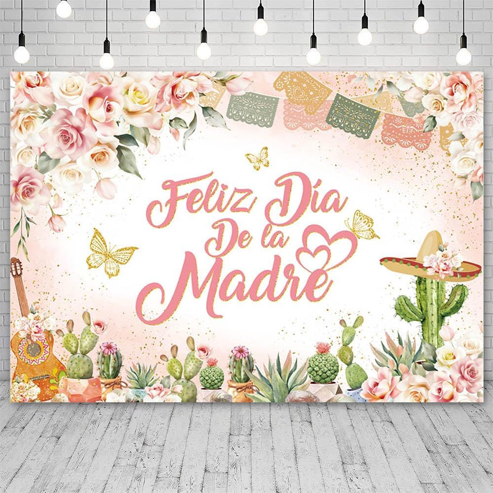 AIBIIN Feliz D&iacute;a De La Madre Backdrop Pastel Pink Floral Thank You Mom Party Decor Cactus Butterfly Best Mom Ever Party Banner Photo Props 7X5Ft image number 5