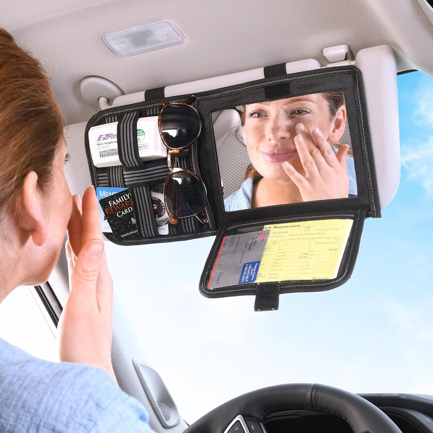High Road Car Sun Visor Organizer with Hidden Insurance and Registration Pocket, Unbreakable Mirror and Molle Storage Panel for Sunglasses and Driving Essentials image number 1