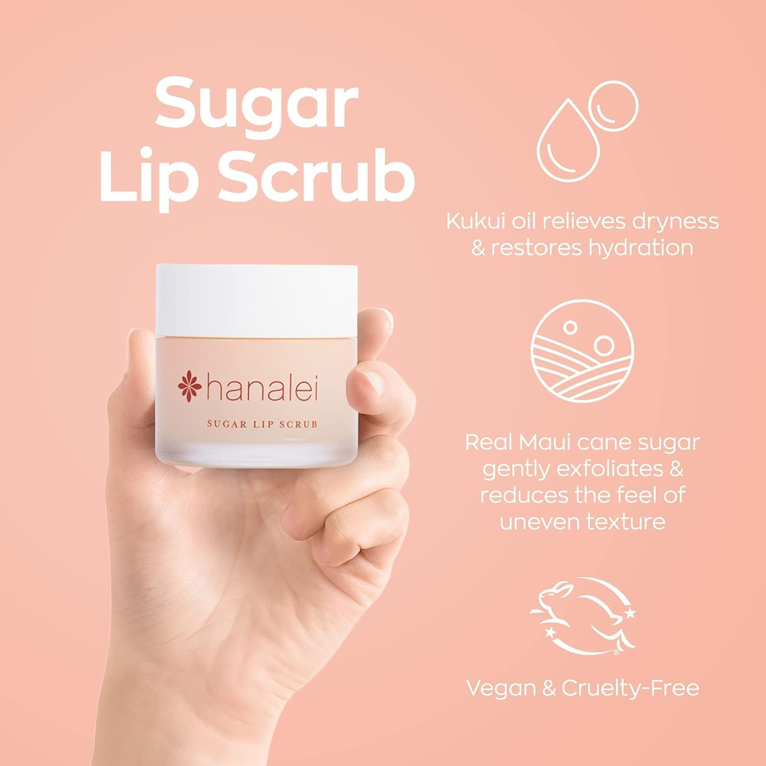 Hanalei Sugar Lip Scrub, Made with Raw Cane Sugar and Real Hawaiian Kukui Nut Oil (Cruelty Free, Paraben Free) (SLS) image number 1