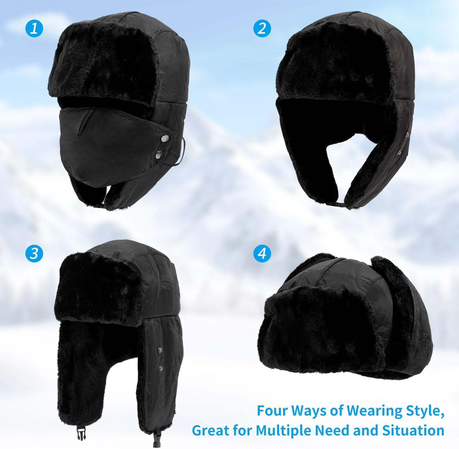 Trapper Hat Unisex Adult, Faux Fur Winter Warmer Windproof Bomber Hat, Russian Hat with Ear Flaps and Mask for Skating, Skiing, Hunting or Daily Use, Winter Hats for Men Women Black image number 2