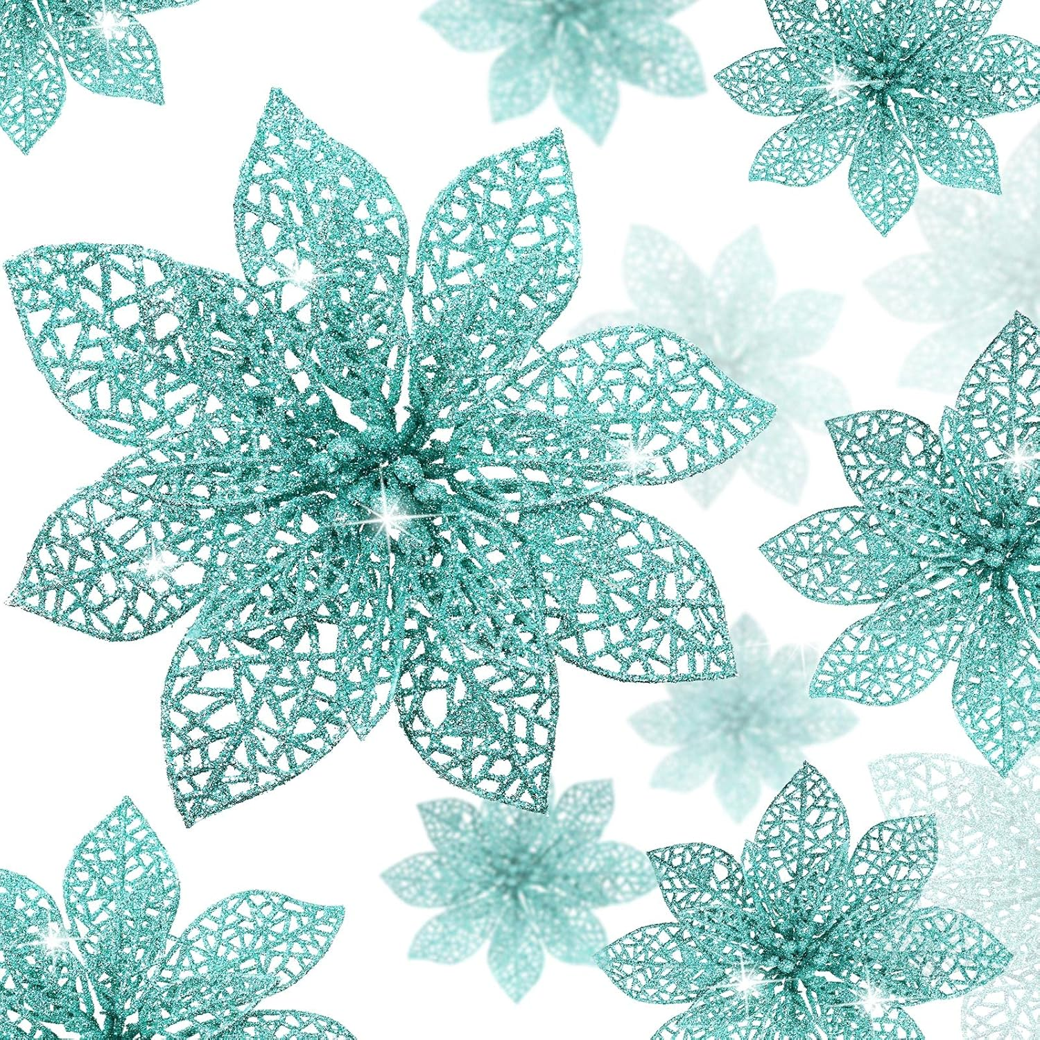 WILLBOND 36 Pieces Christmas Poinsettia Flowers Artificial Ornaments Glitter Christmas Decorations Tree Wedding New Year(Blue-Green)