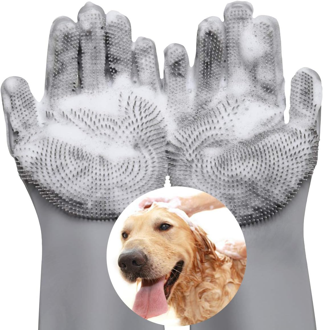 Vavopaw Pet Hair Remover, Gentle Magic Pet Grooming Gloves, Efficient Deshedding Glove for Dogs and Cats with Long & Short Fur, Bathing Shampoo Gloves Brush - Gray