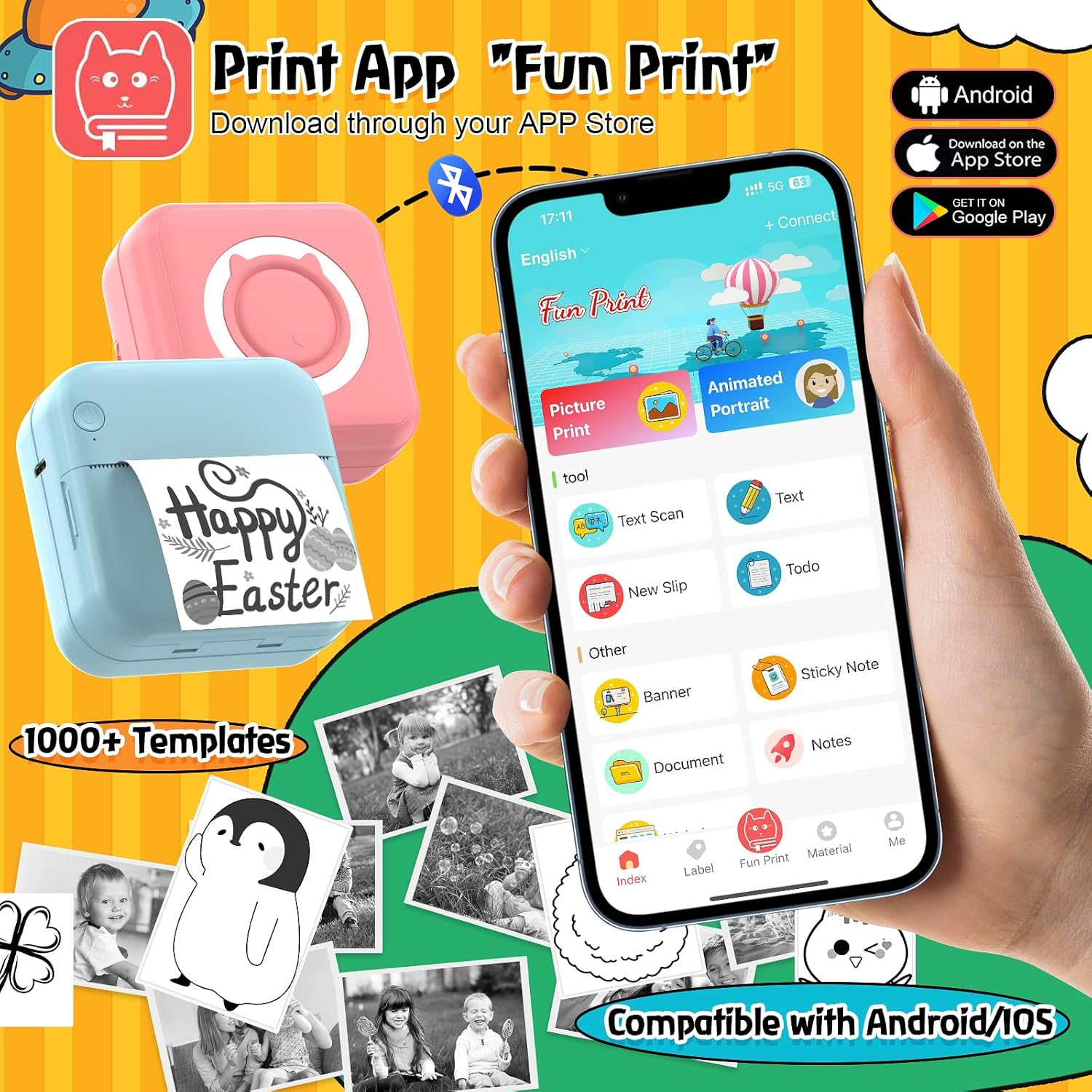 QYCHHJ Portable Pocket Printer for Iphone/Android/Tablet, Inkless Mini Thermal Printer with 8 Rolls Thermal Paper, Bluetooth Mini Sticker Printer for School Notes Scrapbook Supplies Memo Photo, Blue image number 3