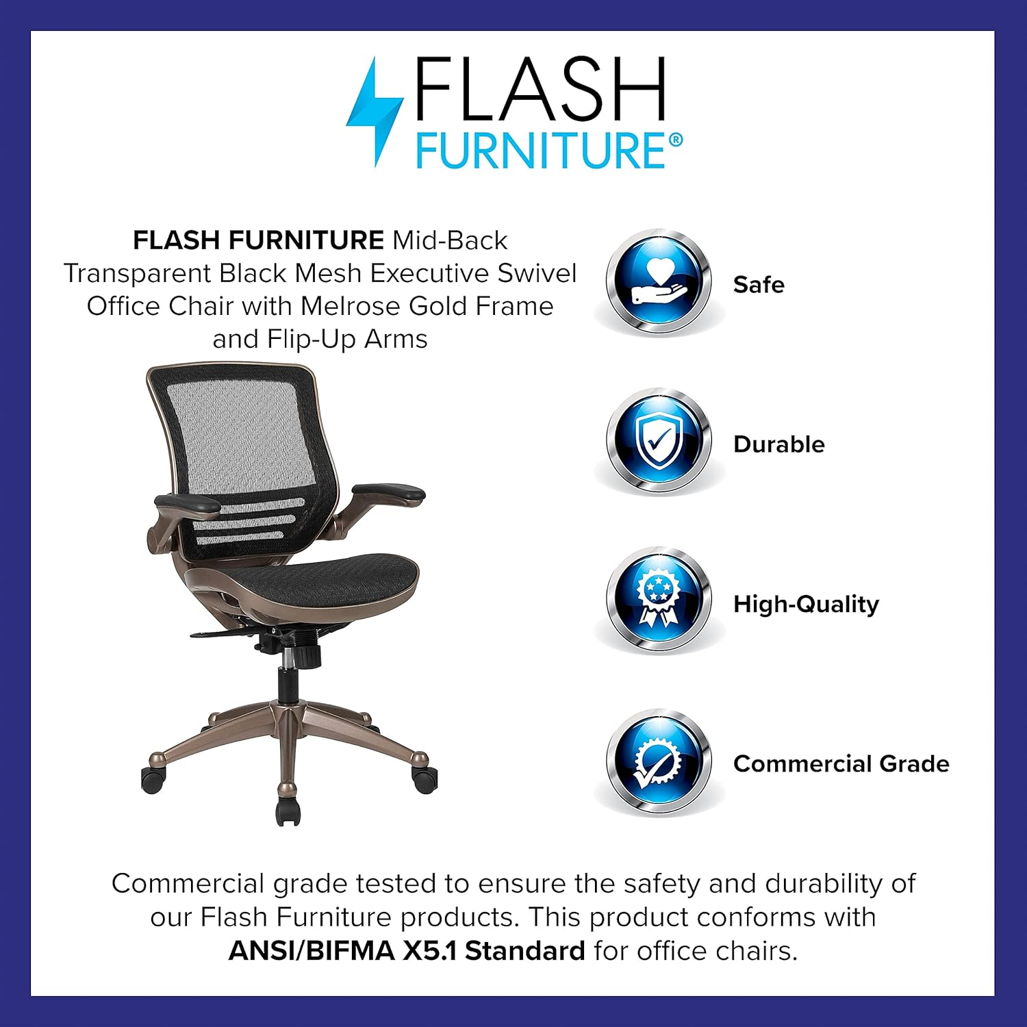 Flash Furniture Mid-Back Transparent Black Mesh Executive Swivel Office Chair with Melrose Gold Frame and Flip-Up Arms, BL-8801X-GG image number 3