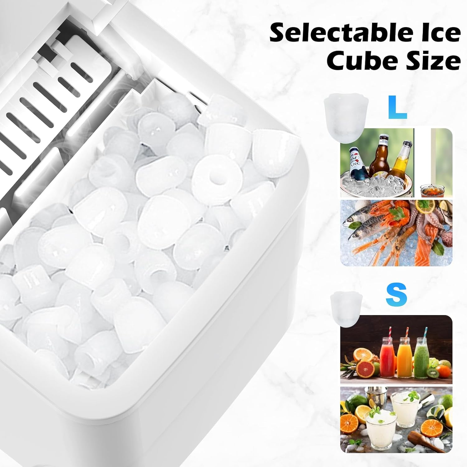 Advwin Ice Maker, 12KG Countertop Electric Self-Cleaning Icemaker, 2 Sizes of Bullet Ice, 26Lbs/24H, Fast Freeze, Scoop & Removable Basket, for Home Party Office, White Portable Icemachine, White image number 5
