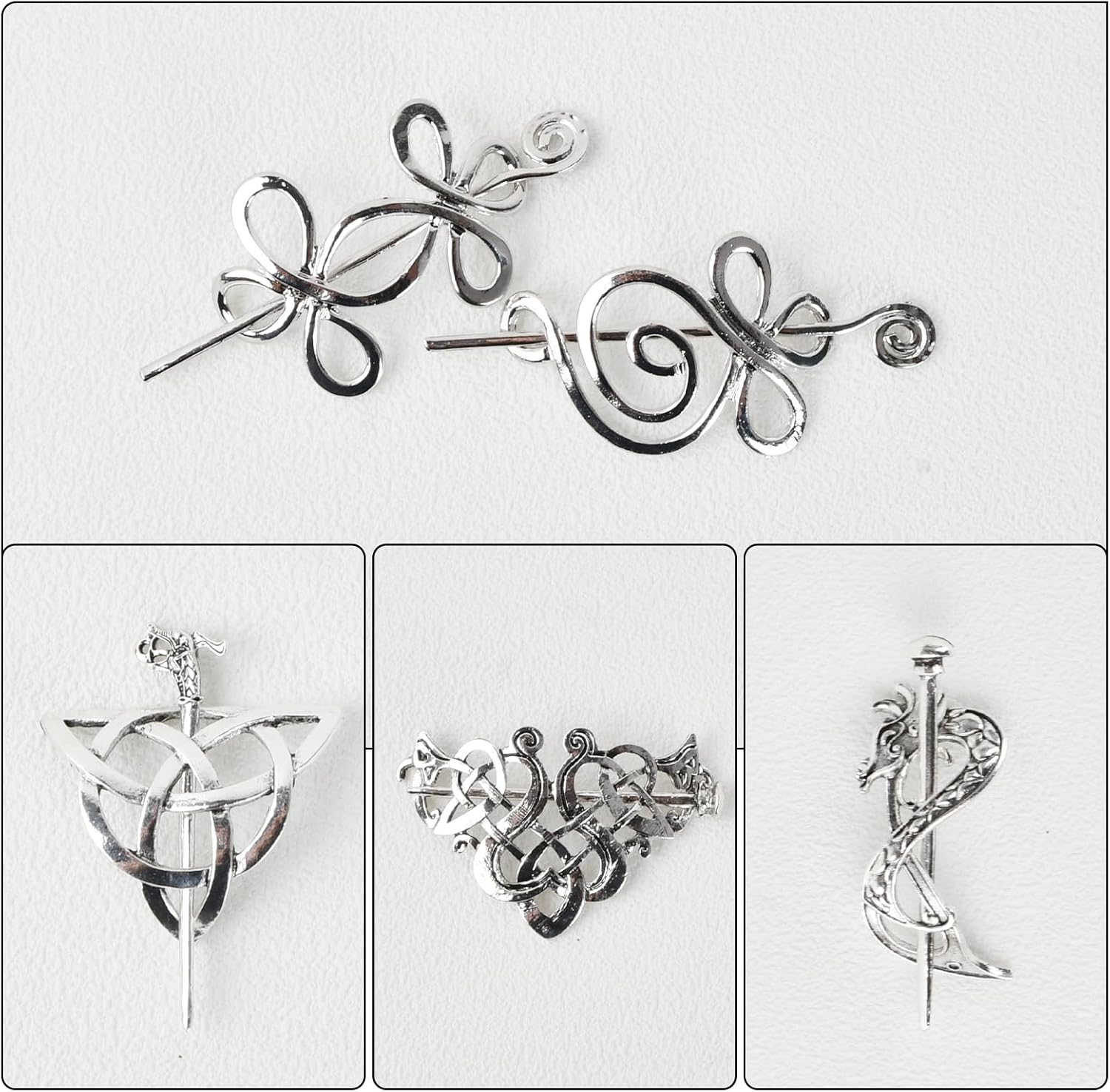 Amexo Pack of 5 Celtic Viking Hair Clips, Vintage Hair Clip Hair Pins Minimalist Metal Knot Hair Stick Knot Hair Clip Retro Hair Accessories for Girls Women (Silver) image number 1