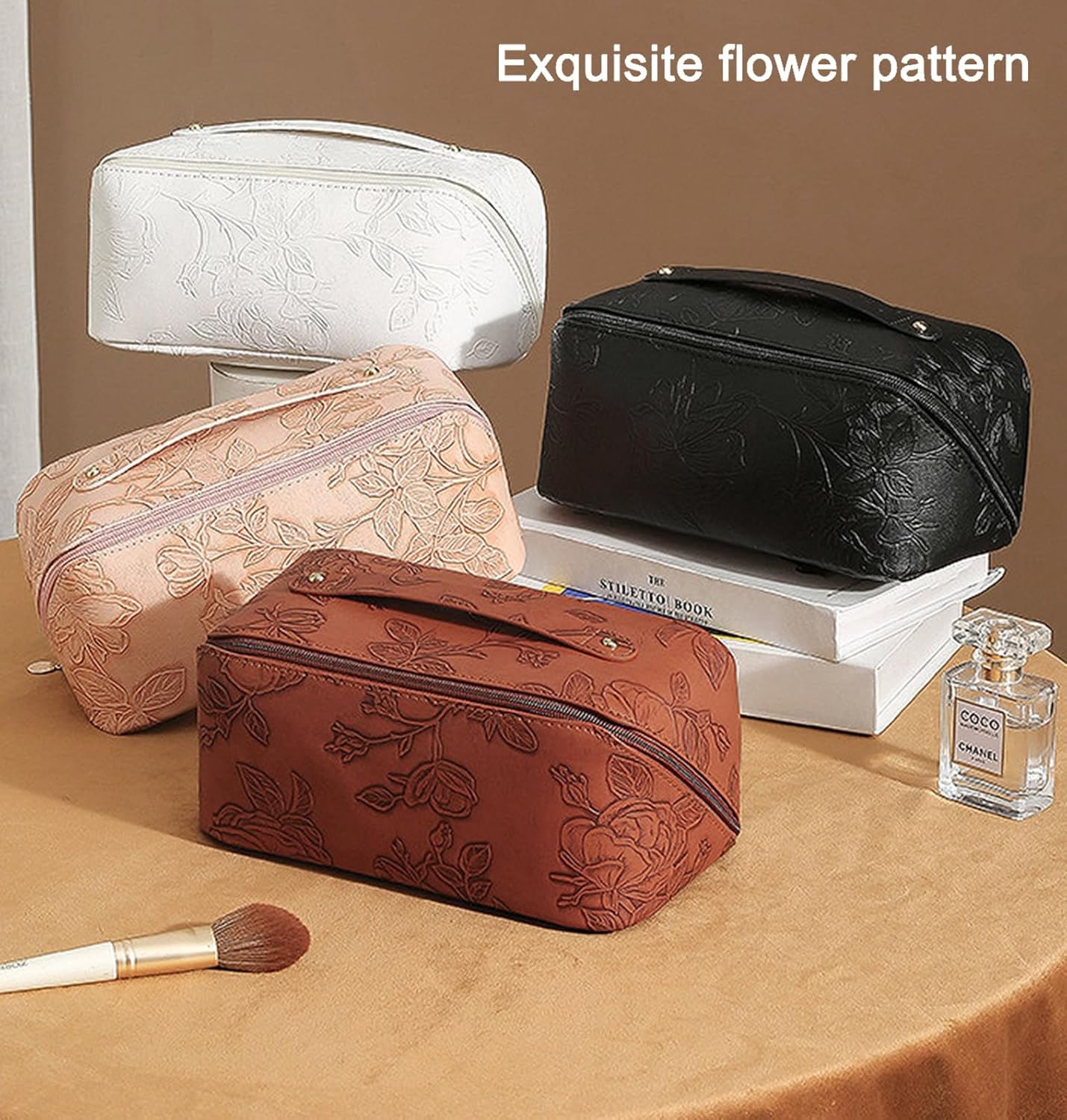 Travel Makeup Bags Cosmetic Organizer Bag,Large Capacity PU Leather Toiletry Bag for Women - Wide Open Portable Pouch with Divider & Handle (Black) - Black image number 5