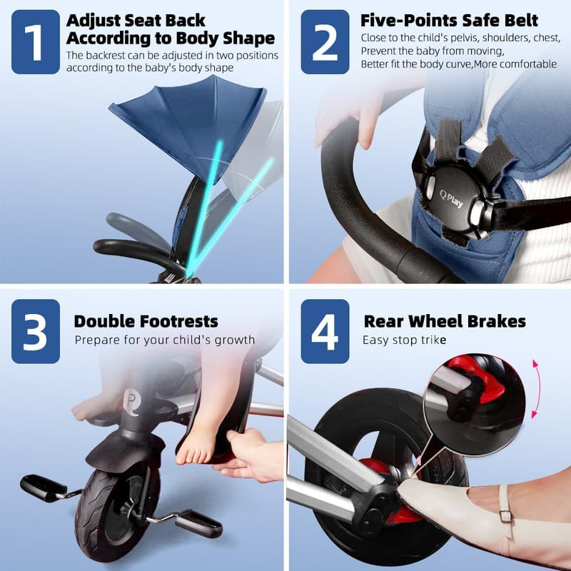 Q Play 6 In1 Kids Foldable Tricycle Toddler Stroller Trike Bike Ride on Toy Nova (Blue) - Blue image number 6