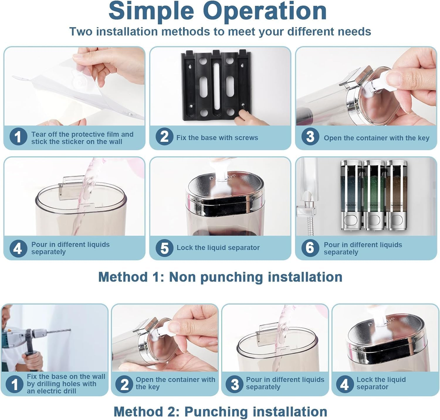 3-In-1 Shampoo and Conditioner Dispenser, 3 Chamber No Drill Wall-Mounted Shower Soap Dispenser for Bathroom Hotel image number 3